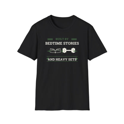 Built by Bedtime Stories and Heavy Sets Fit Dad T-Shirt | Funny Gym Dad Shirt, Workout Dad Gift, Fatherhood Fitness Tee