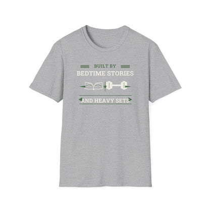 Built by Bedtime Stories and Heavy Sets Fit Dad T-Shirt | Funny Gym Dad Shirt, Workout Dad Gift, Fatherhood Fitness Tee