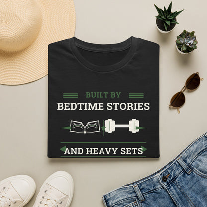 Built by Bedtime Stories and Heavy Sets Fit Dad T-Shirt | Funny Gym Dad Shirt, Workout Dad Gift, Fatherhood Fitness Tee