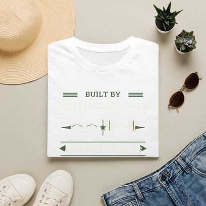 Built by Bedtime Stories and Heavy Sets Fit Dad T-Shirt | Funny Gym Dad Shirt, Workout Dad Gift, Fatherhood Fitness Tee