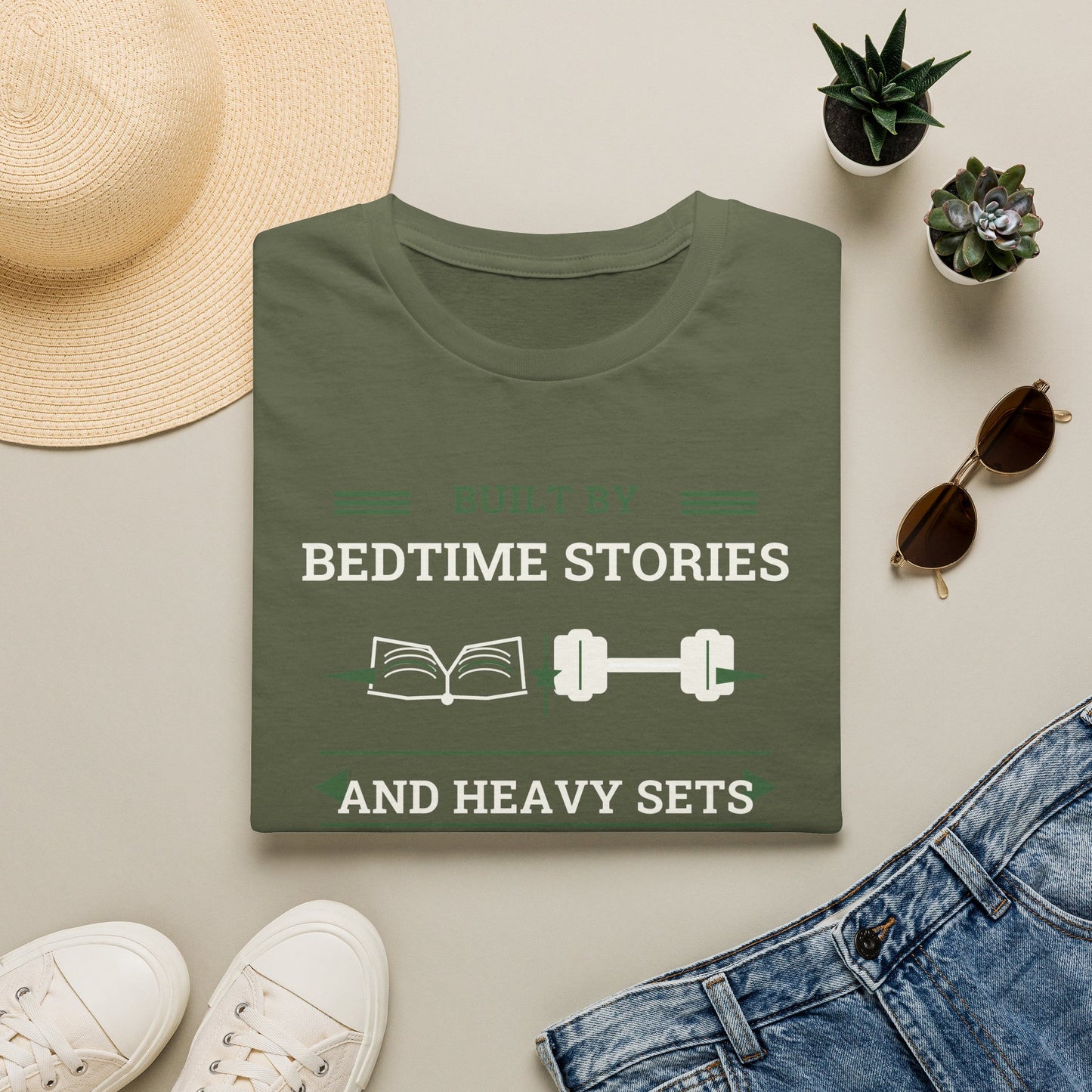 Built by Bedtime Stories and Heavy Sets Fit Dad T-Shirt | Funny Gym Dad Shirt, Workout Dad Gift, Fatherhood Fitness Tee