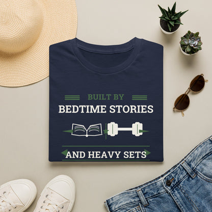 Built by Bedtime Stories and Heavy Sets Fit Dad T-Shirt | Funny Gym Dad Shirt, Workout Dad Gift, Fatherhood Fitness Tee