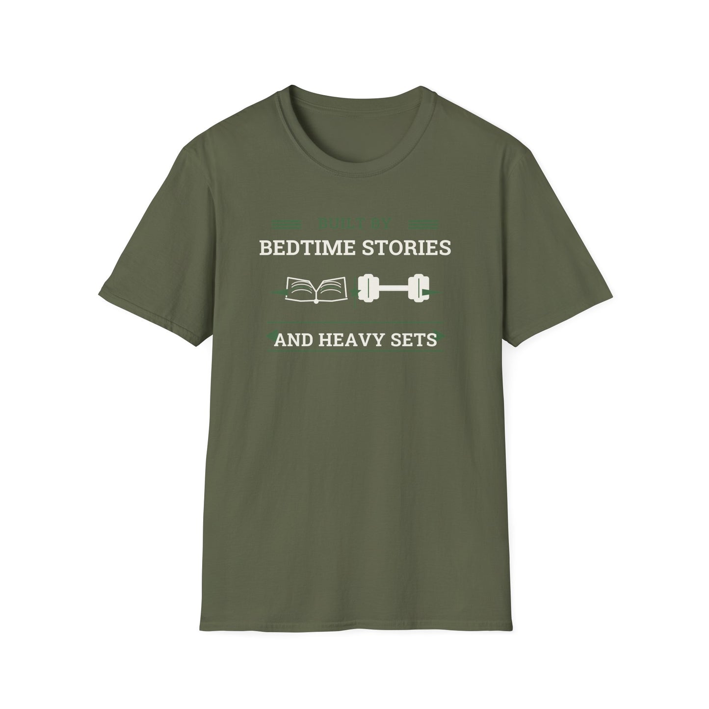 Built by Bedtime Stories and Heavy Sets Fit Dad T-Shirt | Funny Gym Dad Shirt, Workout Dad Gift, Fatherhood Fitness Tee
