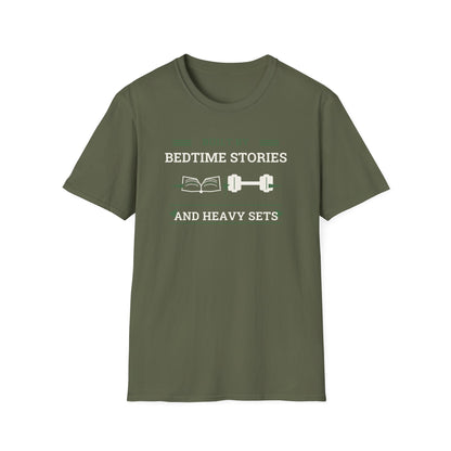 Built by Bedtime Stories and Heavy Sets Fit Dad T-Shirt | Funny Gym Dad Shirt, Workout Dad Gift, Fatherhood Fitness Tee