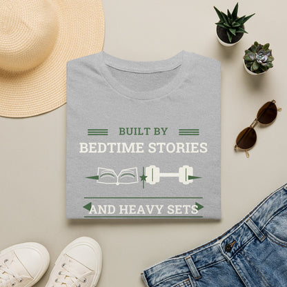 Built by Bedtime Stories and Heavy Sets Fit Dad T-Shirt | Funny Gym Dad Shirt, Workout Dad Gift, Fatherhood Fitness Tee