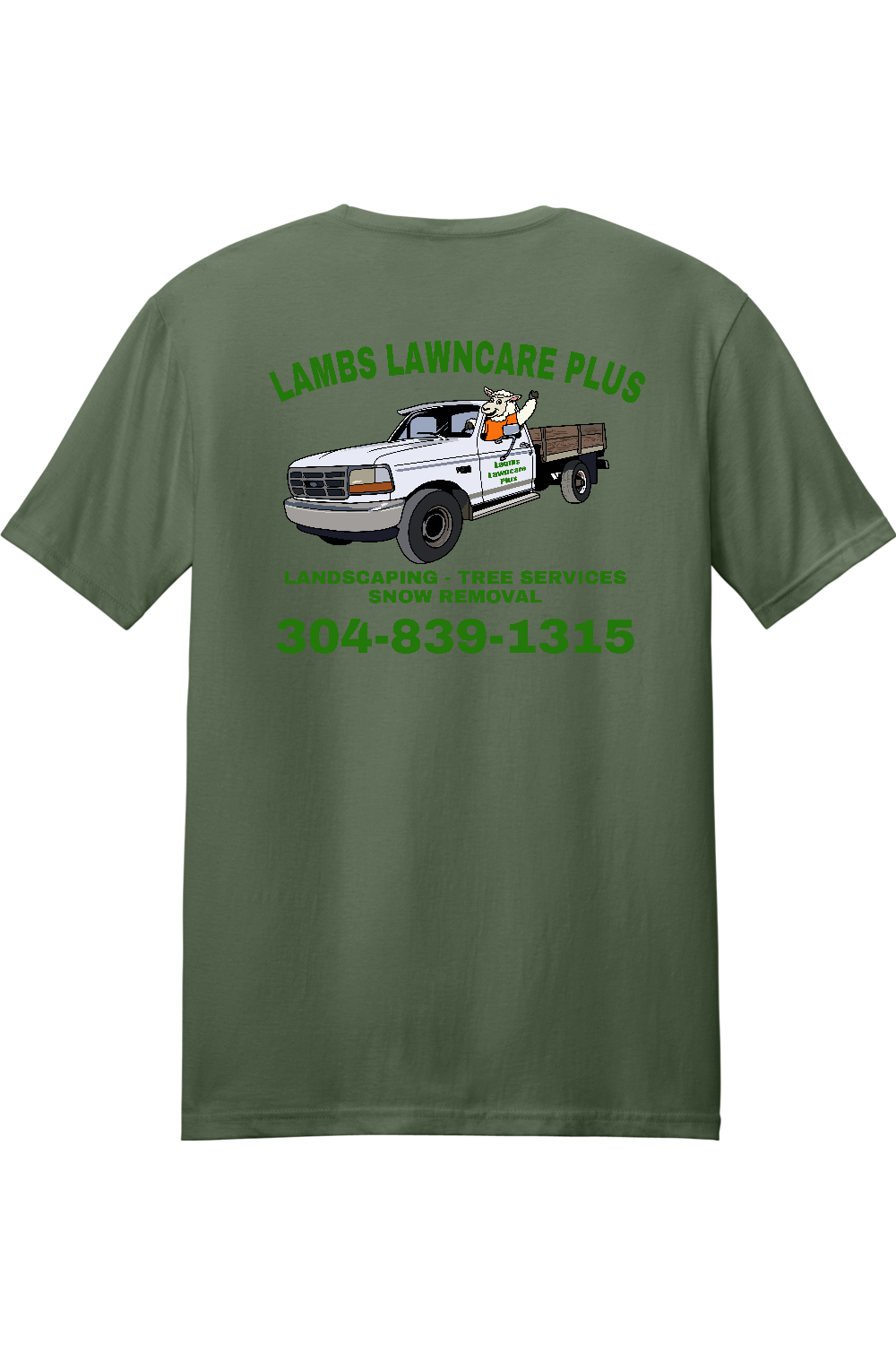 Lambs Lawncare Plus — Military Green — back — high-resolution mockup